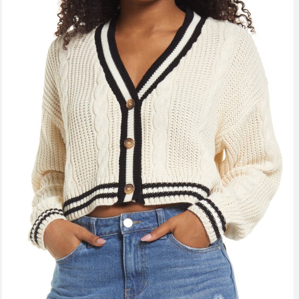 BDG Urban Outfitters Sz Medium Cream/Black Knit V-Neck Cropped Cardigan Sweater